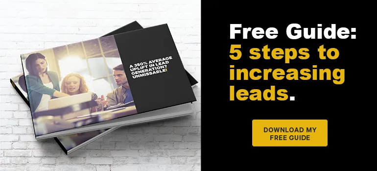 Free guide: 5 steps to increasing leads, with a book cover and a download button.